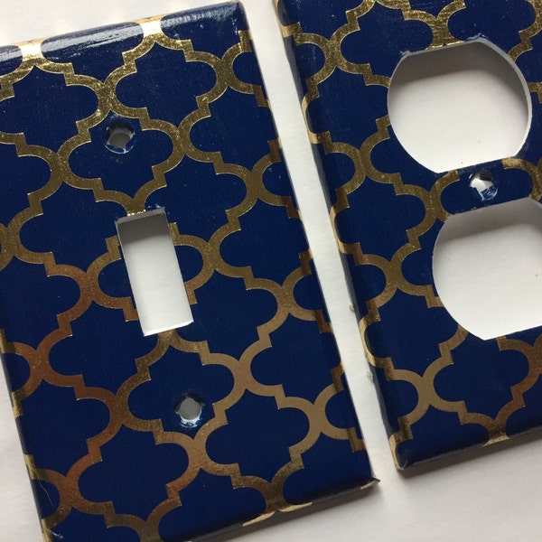 Gold and Navy Blue Quatrefoil Light Switch Plate Cover/ Moroccan Decor/ Lattice Decor/ Gold Nursery Decor/ Gold Decor/ Gold Navy Blue Decor