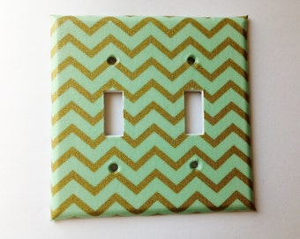 Mint Gold Metallic Chevron Double Light Switch Plate Cover Outlets / Mint Home Decor / Gold Bedroom Decor / Mint Gold Nursery / Baby Gift