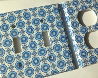 White Blue and Silver Moroccan Medallions Double Light Switch Plate Cover and 3 outlets