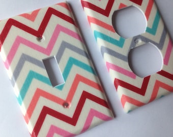 Chevron Light Switch Plate Set: Coral, Gray, & Turquoise Decor