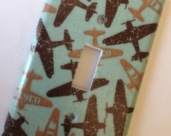 Retro Airplane Single Light Switch Plate, Blue Nursery Decor