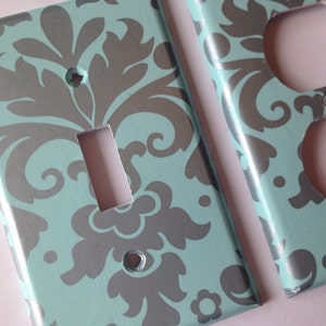 Aqua Blue Silver Damask Single Light Switch Cover / Silver Blue Decor / Silver Nursery Decor / Switchplate Cover / Blue Bedroom Home Decor