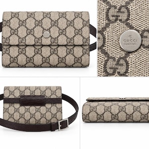 Puede incluir: Un bolso de cintura beige y marrón con el icónico patrón de monograma GG. El bolso incluye una correa de cuero marrón oscuro con una hebilla plateada y un cierre de presión circular plateado grabado con el texto GUCCI made in Italy.