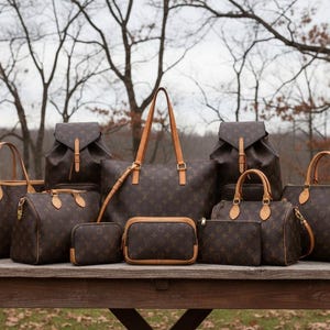 May include: A collection of brown handbags and backpacks with a repeating pattern and tan leather accents. The bags are arranged on a wooden table outdoors, with a backdrop of bare trees.