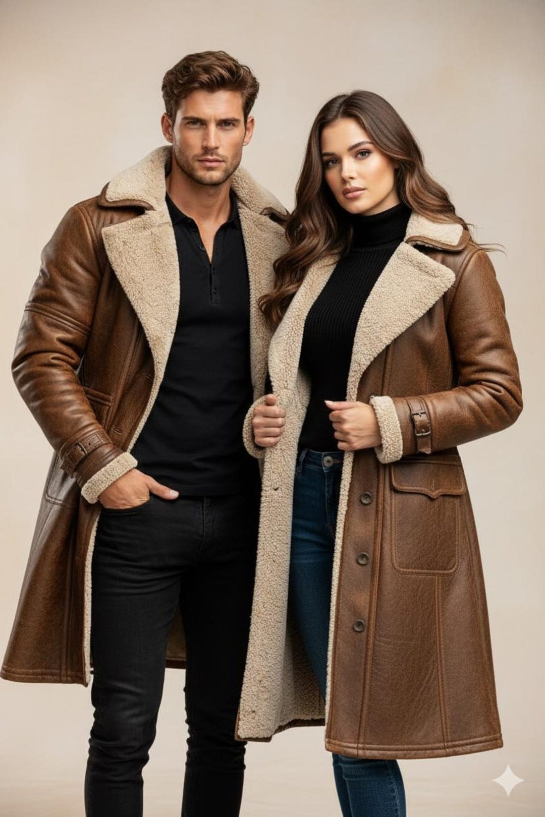 Couple Matching Shearling Lined Leather Aviator Coat, Brown Winter ...