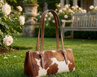 Echte rundleren schoudertas | Hair On Hide-portemonnee voor dames | Westernhandtas van rundleer | Bruin-witte leren draagtas | Cadeau voor haar