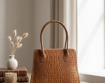 Crocodile  Leather Handbag, Tan Leather Top Handle Purse