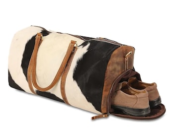 Leather Hair-On Duffle Bag Travel Weekender with Shoe Compartment