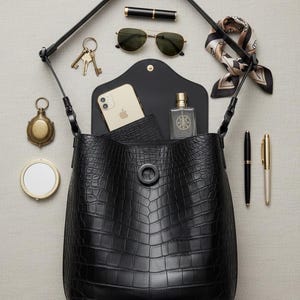K&ouml;nnte beinhalten: Eine schwarze Handtasche aus strukturiertem Leder, ge&ouml;ffnet, um ein Telefon, eine Geldb&ouml;rse und einen Parf&uuml;mflakon zu zeigen. Sonnenbrille, Schl&uuml;ssel, ein Schal, Stifte und ein Kompaktspiegel sind ebenfalls vorhanden. Die Tasche ist von anderen Accessoires umgeben.