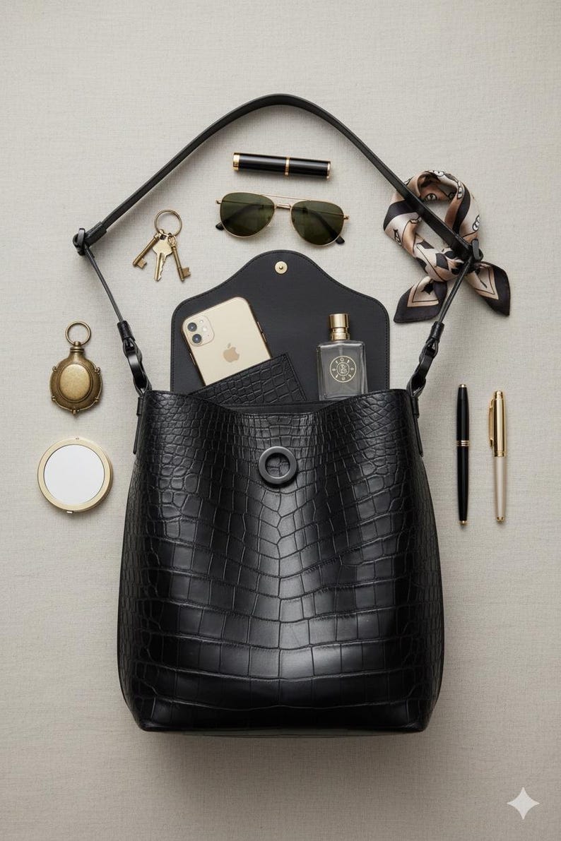 K&ouml;nnte beinhalten: Eine schwarze Handtasche aus strukturiertem Leder, ge&ouml;ffnet, um ein Telefon, eine Geldb&ouml;rse und einen Parf&uuml;mflakon zu zeigen. Sonnenbrille, Schl&uuml;ssel, ein Schal, Stifte und ein Kompaktspiegel sind ebenfalls vorhanden. Die Tasche ist von anderen Accessoires umgeben.