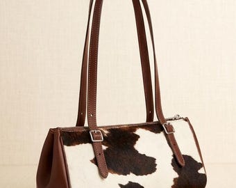 Torba na ramię z prawdziwej skóry bydlęcej | Torebka typu tote z nadrukiem krowy w stylu western