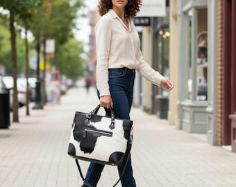 Torba typu tote ze skóry bydlęcej z nadrukiem krowy, skórzana torebka w stylu western, prezent dla niej