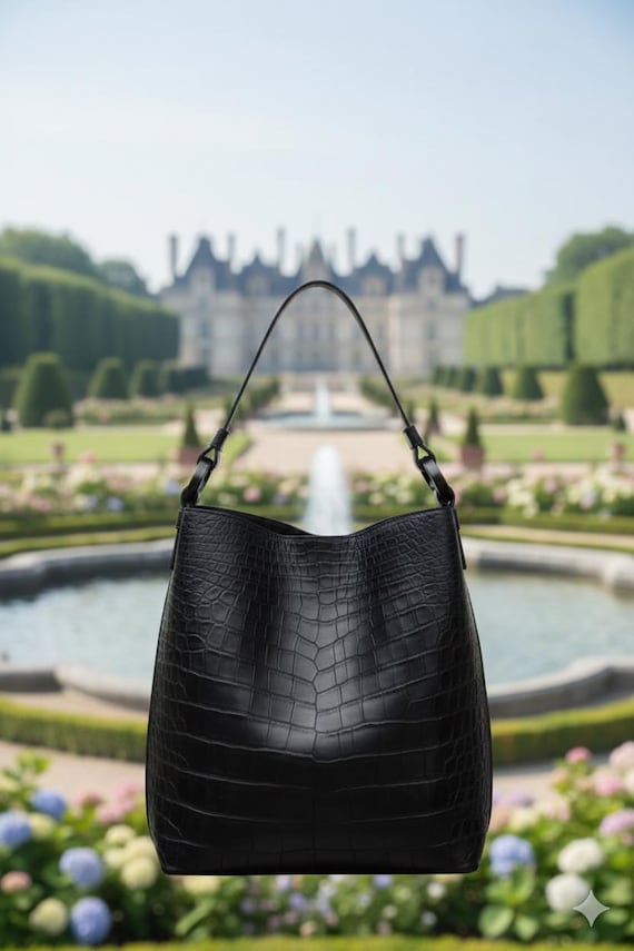 Black Crocodile Leather Shoulder Bag, Croc Embossed Leather Purse western Style