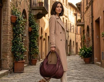 Burgundowa torba typu hobo z plecionej skóry | Oryginalna, ręcznie tkana, luksusowa torebka na ramię