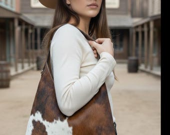 Torba na ramię ze skóry bydlęcej HairOn Hide, torebka z prawdziwej skóry, ręcznie robiona torba w stylu western