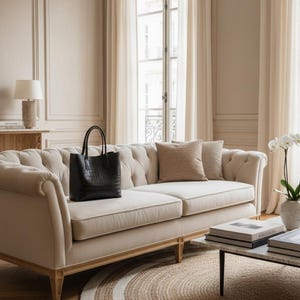 K&ouml;nnte beinhalten: Eine schwarze Ledertasche mit strukturierter Oberfl&auml;che liegt auf einem cremefarbenen, getufteten Sofa. Der Raum hat eine neutrale Farbpalette, einen runden Jute-Teppich und einen Marmor-Couchtisch.