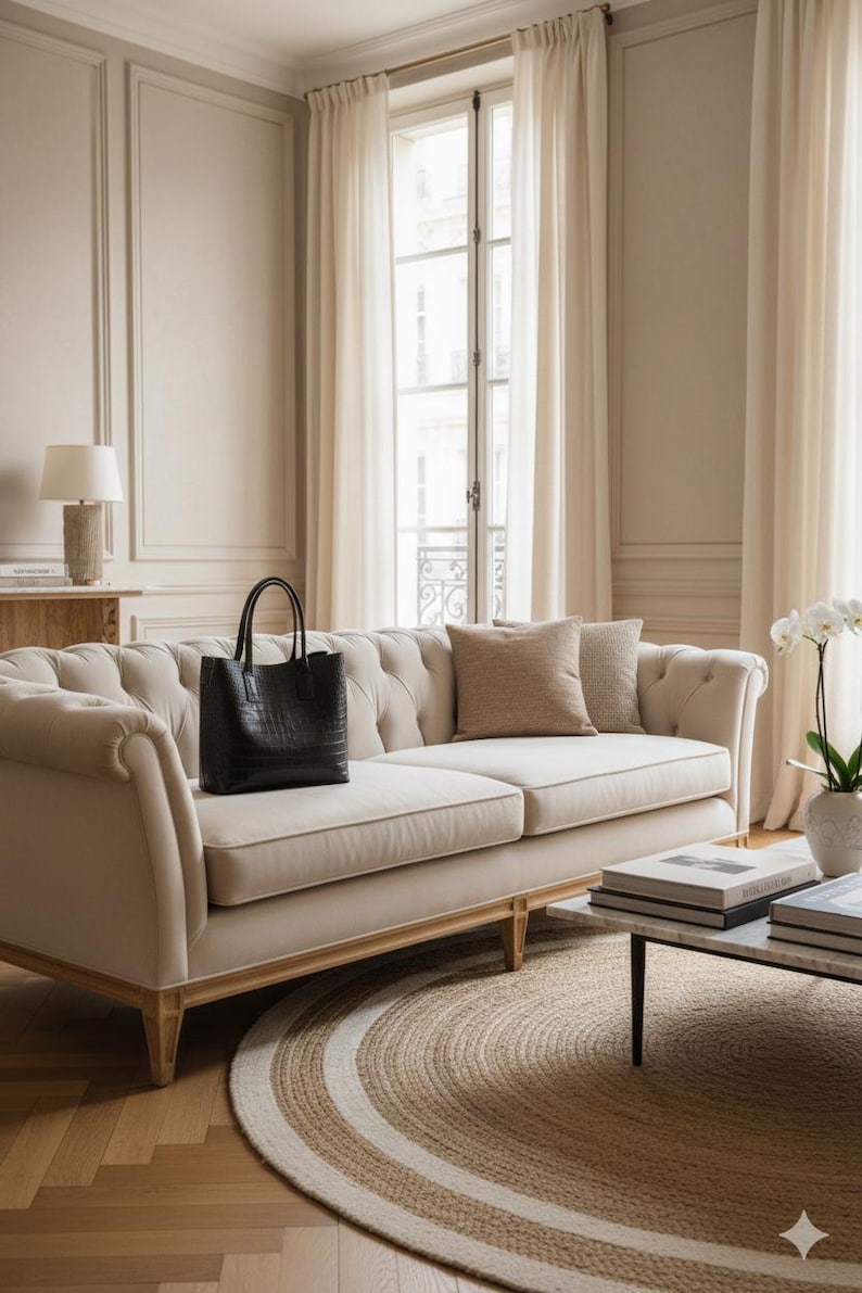K&ouml;nnte beinhalten: Eine schwarze Ledertasche mit strukturierter Oberfl&auml;che liegt auf einem cremefarbenen, getufteten Sofa. Der Raum hat eine neutrale Farbpalette, einen runden Jute-Teppich und einen Marmor-Couchtisch.