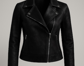 Womens Black Cowhide Hair-On Biker Jacket Moto Style