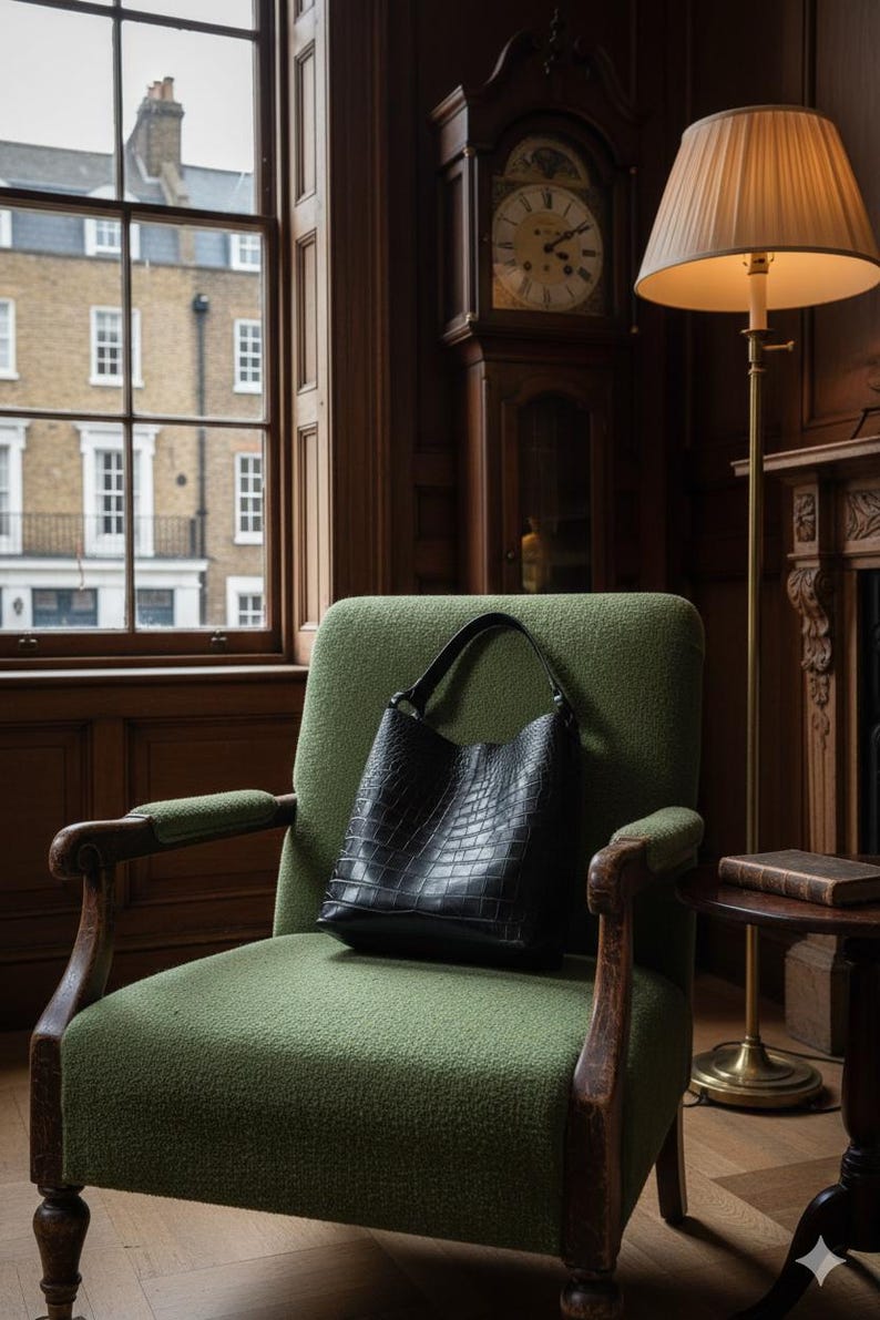 K&ouml;nnte beinhalten: Eine schwarze Ledertasche mit Krokodiltextur liegt auf einem gr&uuml;nen Sessel. Der Sessel hat Holzarmlehnen. Eine Standuhr und eine Stehlampe befinden sich im Hintergrund. Der Raum hat ein klassisches Design.
