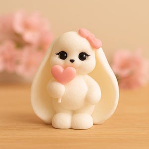 May include: A white bunny figurine with large ears and a pink bow on its head. The bunny holds a pink heart-shaped lollipop. The eyes are black with long eyelashes. The background is blurred with pink flowers.