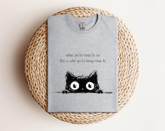 May include: A gray t-shirt with a black cat graphic and the text "when you're mean to me this is who you're being mean to." The cat has large white eyes and is peeking over a line.