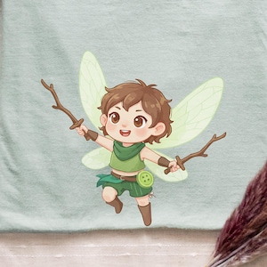 May include: A cartoon illustration of a fairy with brown hair, green clothing, and translucent wings. The fairy is holding two brown sticks and has a happy expression. The background is a light green color.