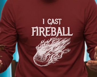 Maglietta a maniche lunghe D&D Wizard: "I Cast Fireball", maglietta TTRPG per Game Master, fan di Critical Role