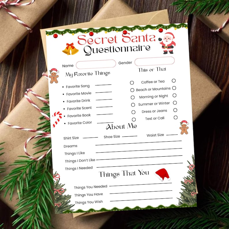 Secret Santa Friends Questionnaire.pdf Secret Santa Questionnaire Canva Editable Christmas Gift Exchange, Co ...