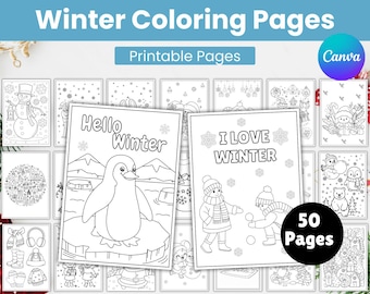 50 Winter Coloring Pages, Christmas Coloring Book, Winter Activities, Printable Holiday Pages for Kids, Digital Download Coloring Book