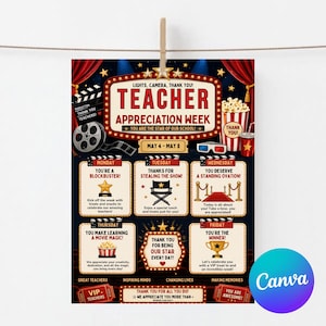 May include: A Teacher Appreciation Week poster with a movie theme. The design includes a red curtain backdrop, film reel, popcorn, and text that reads "Lights, Camera, Thank You!" and "You're the Star of Our School!"