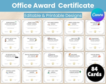 84 certificados de premios de oficina editables, premios divertidos para empleados, premios para compañeros de trabajo, certificados de fiesta, bromas para fiestas.
