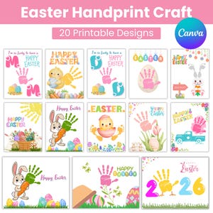 Könnte beinhalten: Eine Sammlung von 20 druckbaren Oster-Handabdruck-Basteldesigns. Die Designs zeigen farbenfrohe Handabdrücke, Ostereier, Hasen, Küken und die Worte "Frohe Ostern" in verschiedenen Stilen. Der obere Banner lautet "Oster-Handabdruck-Basteln".