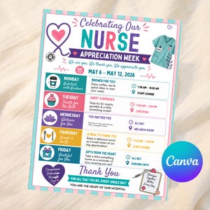 Puede incluir: Un colorido cartel para la Semana de Apreciación de Enfermeras, del 6 al 12 de mayo de 2026. El diseño incluye un estetoscopio, un uniforme de enfermera y un corazón. Enumera actividades diarias como "Brewed for You".