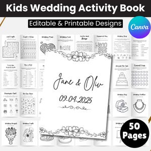 May include: A Kids Wedding Activity Book with editable and printable designs. The book features 50 pages of activities, including mazes, coloring pages, and games. The cover has the names "Jane & Oliv" and the date "09-04-2025".