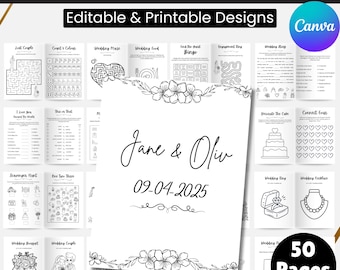 May include: A Kids Wedding Activity Book with editable and printable designs. The book features 50 pages of activities, including mazes, coloring pages, and games. The cover has the names "Jane & Oliv" and the date "09-04-2025".