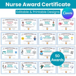 50 premios de enfermería divertidos y superlativos, imprimibles y editables en Canva, ideales como regalo de agradecimiento para enfermeras o como juego de reconocimiento al personal.