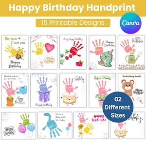 Peut inclure: Une collection de 15 modèles d'empreintes de mains d'anniversaire imprimables. Chaque modèle présente une empreinte de main avec des illustrations colorées et les mots "Happy Birthday". Les modèles incluent une abeille, un dinosaure, un ours, etc. Le texte "02 Different Sizes" est également présent.