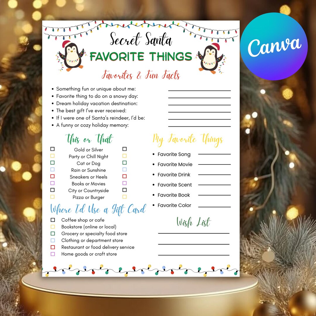 Secret Santa Friends Questionnaire.pdf Secret Santa Questionnaire Canva Editable Christmas Gift Exchange, Co ...