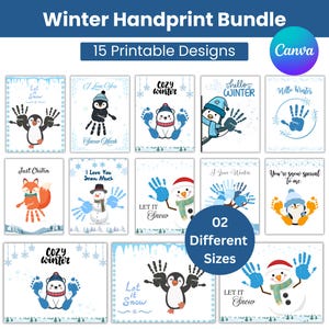 May include: A collection of 15 printable winter-themed designs featuring handprints. Designs include penguins, snowmen, foxes, and polar bears, with phrases like "Let it Snow" and "Hello Winter". Available in two different sizes.