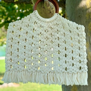 Handmade Macrame Tote Bag with Wooden Handles | Boho Summer Bag | Double-Sided Design