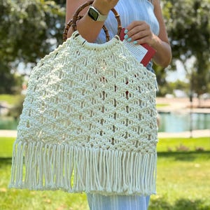 Handmade Macrame Tote Bag with Wooden Handles | Boho Summer Bag | Double-Sided Design
