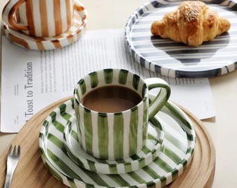 Striped Ceramic Mug and Plate Set: Modern Tea Coffee Cup