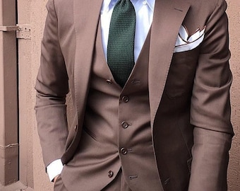 Custom Tailored Suit Men's Brown Three-Piece, Slim Fit Formalwear (Wedding, Party, Premium Imported Fabric)