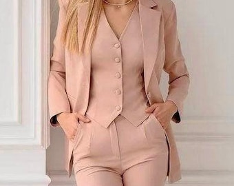 Custom Pink Women's Three Piece Suit - Tailored Blazer, Vest & Trousers