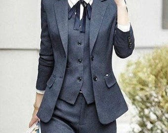 Traje azul marino para mujer, blazer y chaleco a medida con pantalón (ajuste personalizado)