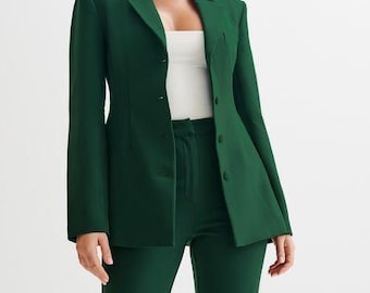 Traje de mujer a medida: Blazer y pantalón verde (Hecho a medida)