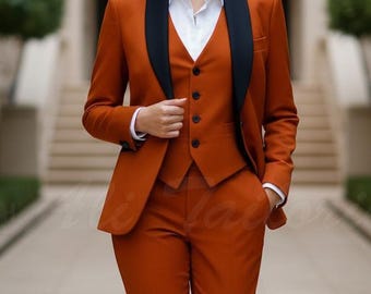 Womens Burnt Orange Three Piece Suit - Tailored Blazer & Wide-Leg Pants
