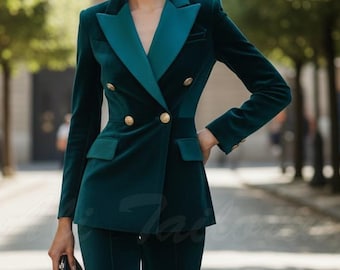 Teal Velvet Suit Set - Women's Tailored Blazer & Wide Leg Pants