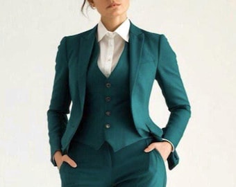 Women's Teal Three-Piece Suit, Blazer Vest Trousers (Plus Sizes)