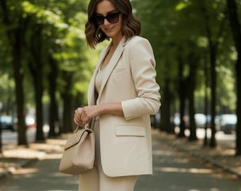 Women’s Beige Two Piece Suit Set – Luxury Tailored Blazer & Wide-Leg Pants | Elegant Evening Outfit | Formal Party Wear